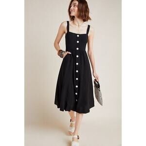 Maeve by Anthropologie Rosemary Square Neck Smocked‎ Black Midi Dress Size 6